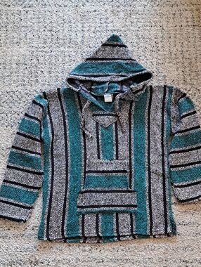 Men's Striped Hooded Crewneck Pullover Sweater in Teal and Black